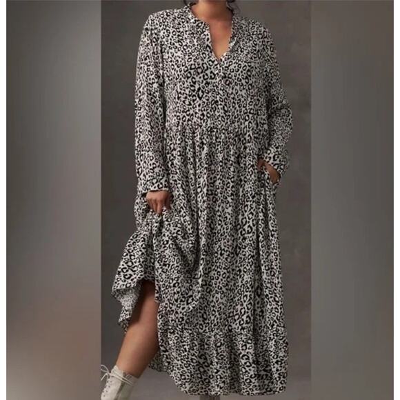Anthropologie Dresses & Skirts - Anthropologie Mare Mare Black White Leopard Print Long Sleeve Midi Dress Size SP